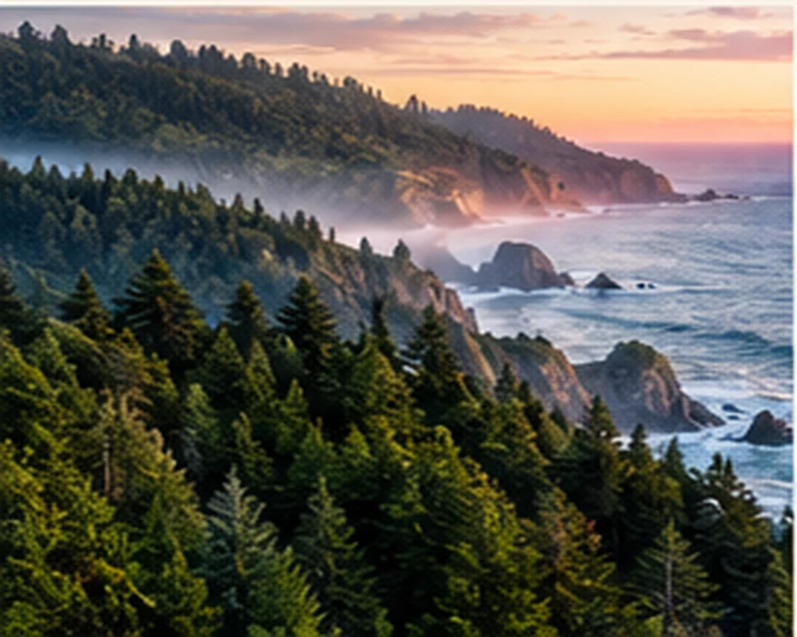 A forested coastal landscape descending toward the ocean