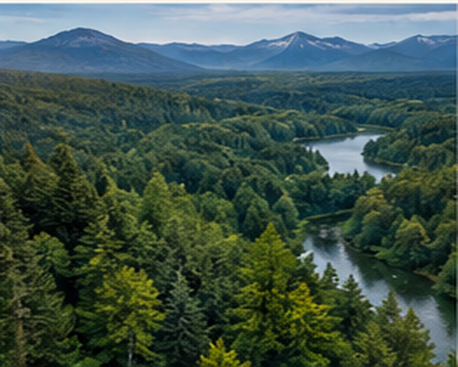 An expansive green forest surrounding rivers and mountain valleys