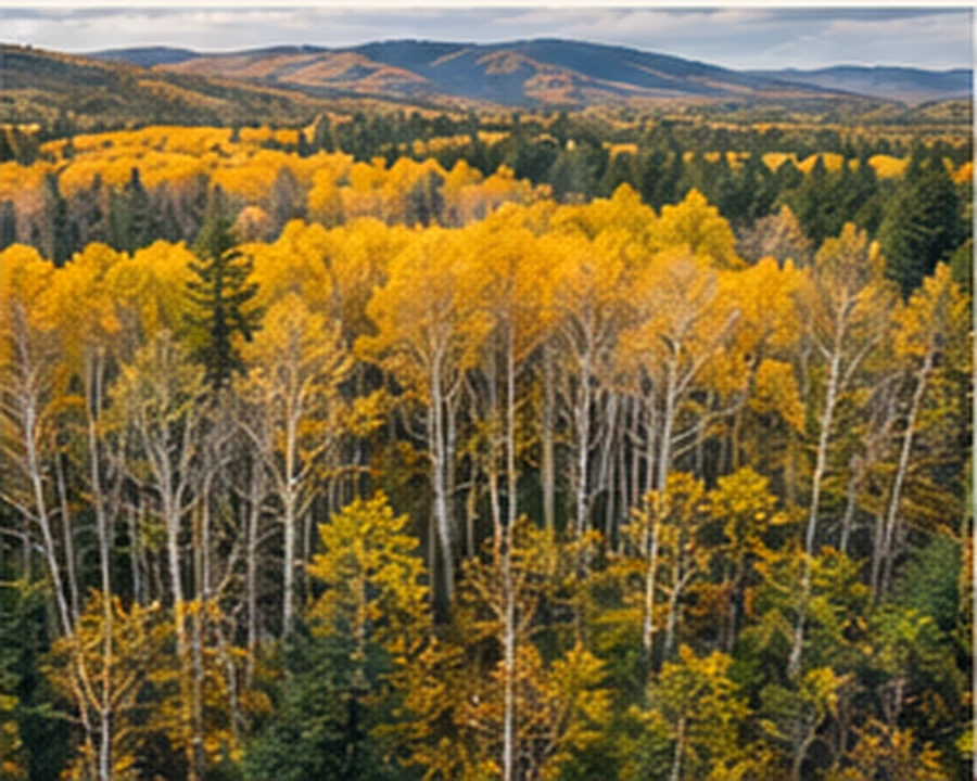 A broad forest canopy with vivid seasonal color