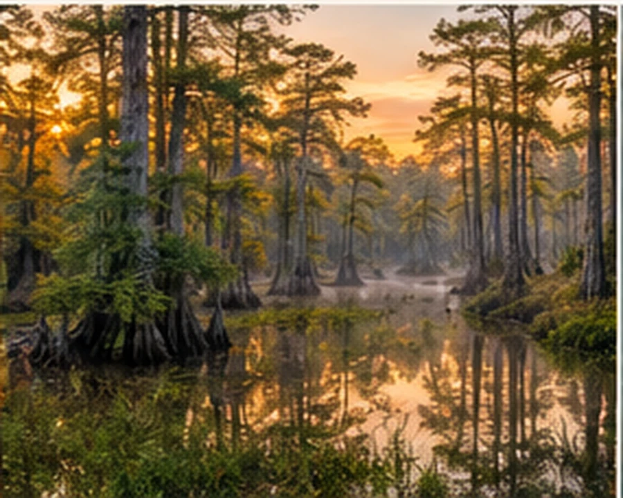 A forested wetland landscape at sunrise